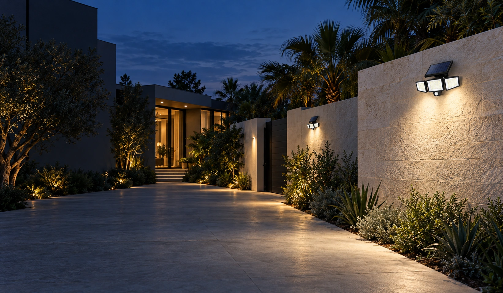 Solar sensor lights illuminating a contemporary courtyard and driveway